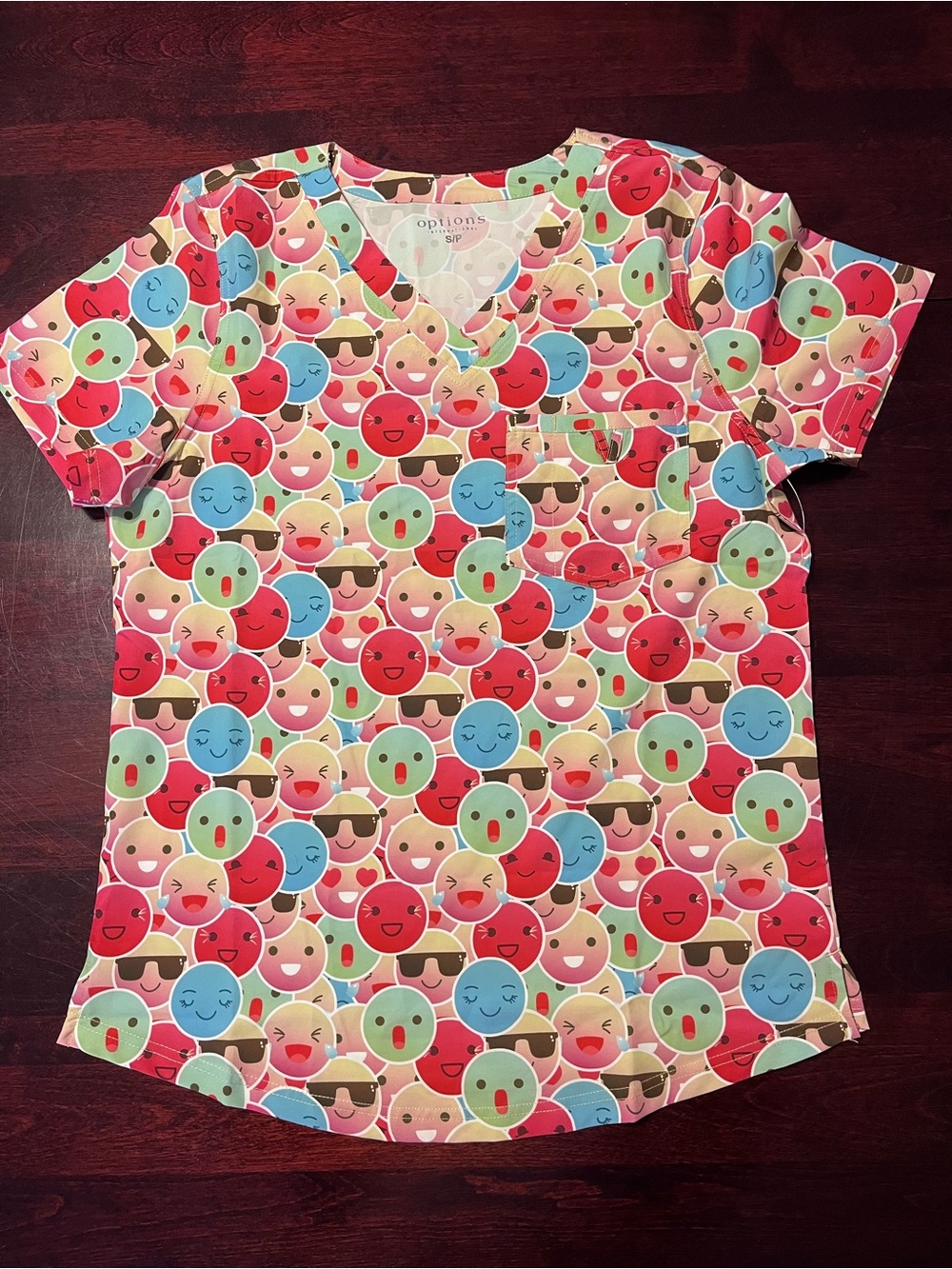 Women's Emoji Print V-Neck Medical Scrub Top in Multicolor
